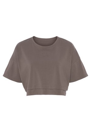 Cropped T-shirt in muted brown, made of soft fabric, featuring short sleeves and a crew neck with subtle "LA" embroidery on the front.
