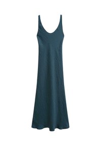Abito senza maniche in verde scuro con scollatura rotonda. Realizzato in tessuto texturizzato, arriva a metà coscia con una forma A-line morbida.