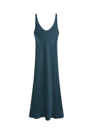 Abito senza maniche in verde scuro con scollatura rotonda. Realizzato in tessuto texturizzato, arriva a metà coscia con una forma A-line morbida.