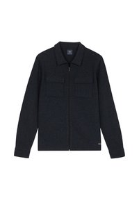 Donkerblauwe ritssluitingjack van textiel, met een puntkraag, twee borstzakken en lange mouwen.