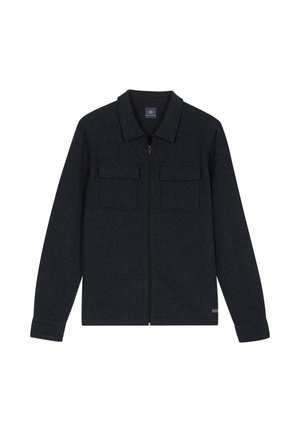 Dunkelblaue Zip-Jacke aus strukturiertem Stoff, mit einem Stehkragen, zwei Brusttaschen und langen Ärmeln.
