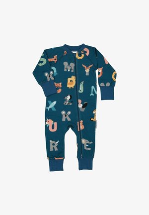 Turkis babyheldragt med lynlås, dekoreret med farverige alfabetbogstaver kombineret med dyreillustrationer som zebra, koala, ugle og enhjørning.