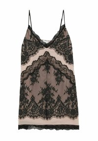 Camisole din dantelă neagră cu un strat de bază bej, având modele florale și margini ciupite. Are bretele subțiri, ajustabile și un decolteu în V.