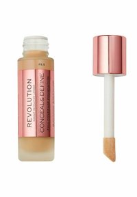 Conceal & Define full coverage foundation i en glasflaske, lys tan nuance, med en rose guld metallik hætte og en flad applikatorstav.