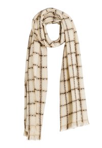 Écharpe crème avec un motif à carreaux noir et beige, fabriquée à partir d'un tissu doux, avec des bords frangés et un tissage texturé.