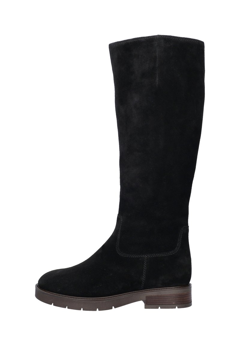 Black suede knee-high boot with a rounded toe, stitch detailing, and a low block heel. Features a smooth texture and clean design lines.