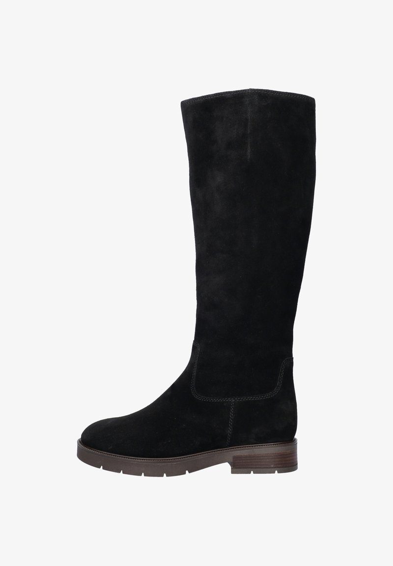 Black suede knee-high boot with a rounded toe, stitch detailing, and a low block heel. Features a smooth texture and clean design lines.