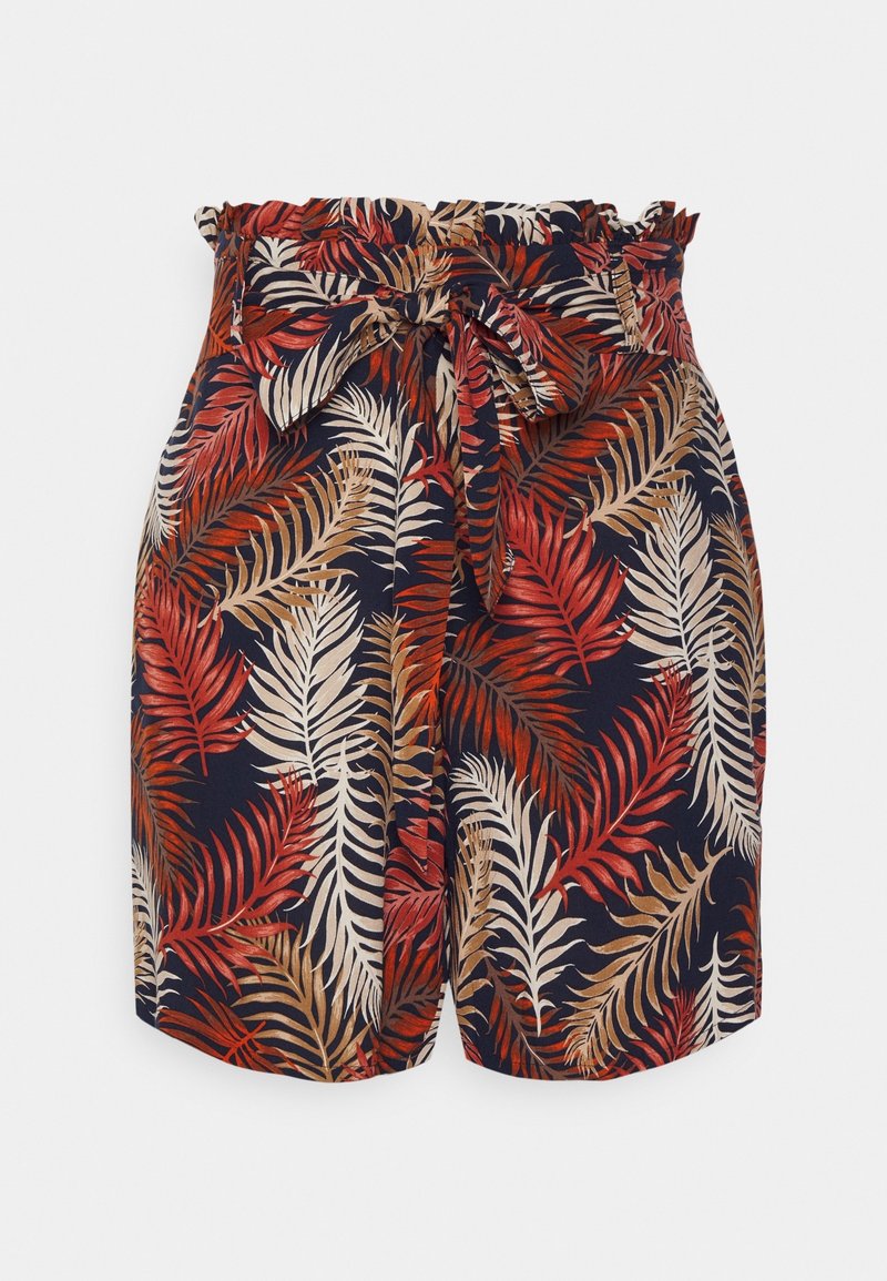 Shorts à imprimé tropical en tissu léger, avec un fond bleu marine et des motifs de feuilles audacieux rouges, blancs et dorés, et une ceinture nouée.