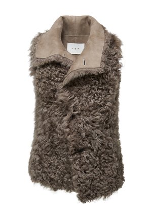 Gilet in pelliccia sintetica color marrone chiaro con una texture morbida, dotato di colletto in suede e chiusura parziale con bottoni per un tocco di dettaglio. Morbido e caldo.
