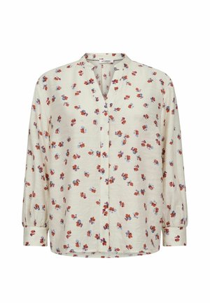 Biała bluzka z długim rękawem z czerwonym i purpurowym kwiatowym wzorem, dekoltem w kształcie litery V i zapinanymi mankietami.