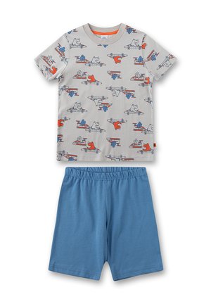 Baumwolle-Zweiteiler bestehend aus einem grauen T-Shirt mit Tier- und Flugzeugdruck, kombiniert mit blauen Shorts; elastischer Bund an den Shorts.