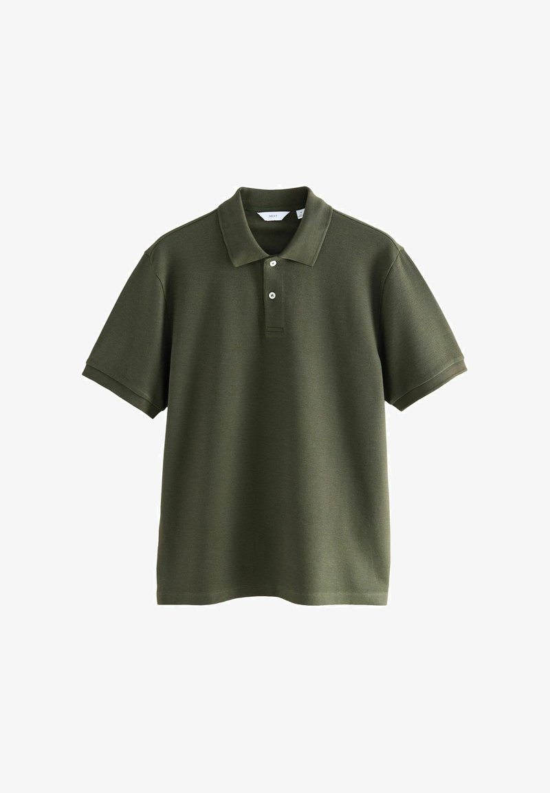 Polo shirt vert olive à manches courtes avec deux boutons blancs et un col classique sur un fond blanc.