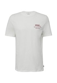 Witte katoenen t-shirt met korte mouwen, met rode tekst: "DRIVE STUNT UNIT MOTION PICTURES" op de linkerborst.