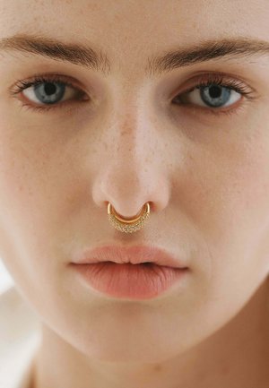 Aro septum de oro con un diseño curvado, adornado con pequeños cristales transparentes. La vista en primer plano resalta la piel suave y el color natural de los labios.