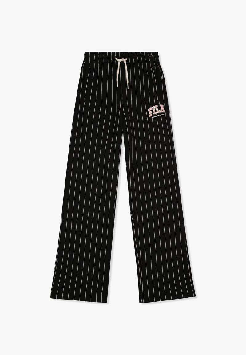 Pantalon noir avec fines rayures verticales blanches, taille élastique avec cordon blanc et logo rose FILA sur la partie supérieure de la cuisse gauche.