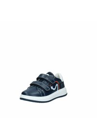 Sneakers blu navy con due fasce in Velcro, suola bianca e cuciture a contrasto. Presentano un design di logo bianco sul lato.