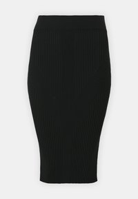 Fekete bordás midi szoknya texturált mintával és testhez simuló szabással. Magas derekú és elkeskenyített forma.