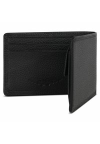 Portafoglio in pelle nera con una finitura testurizzata, dotato di più scomparti per carte e una pattina laterale, con dettaglio del logo impresso sul fronte.