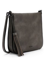 Szara skórzana torba na ramię o gładkiej fakturze, z długim regulowanym paskiem i ozdobnym chwostem. Posiada subtelne logo marki.
