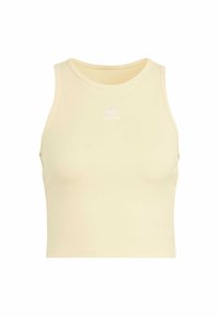 Žltý rebrovaný crop top s okrúhlym výstrihom a bielym logom na prednej strane. Mäkká tkanina s priliehavým strihom.