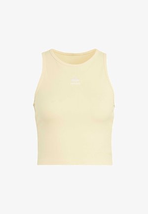 Gelbes geripptes Crop-Top mit Rundhalsausschnitt und einem weißen Logo-Akzent auf der Vorderseite. Weiches Material mit tailliertem Schnitt.