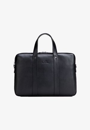 Valigetta in pelle nera testurizzata con doppio manico superiore e chiusura con cerniera, con un discreto logo del marchio in rilievo al centro.