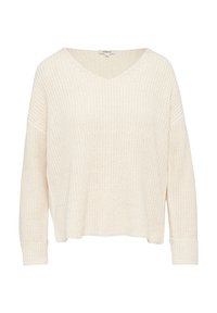 Strickpullover in Off-White, mit V-Ausschnitt, lässiger Passform und gerippten Bündchen. Strukturierter Stoff mit lockerer Webart.