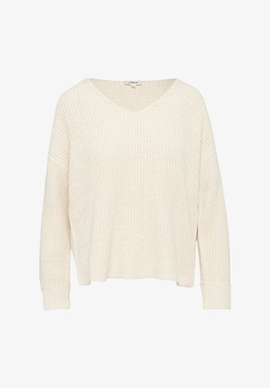 Suéter de punto en color blanco roto, con escote en V, ajuste relajado y puños acanalados. Tejido texturizado con un diseño de tejido suelto.