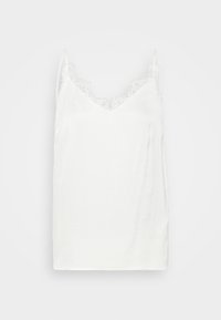 Top de camisón blanco con ribete de encaje en el escote. Presenta finas tirantes ajustables y una textura suave y lisa. Diseño simple y de corte recto.