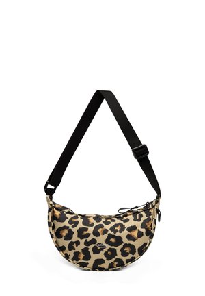 Halve maanvormige tas met luipaardprint, zwarte verstelbare band en ritssluiting.