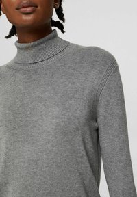 Grijze coltrui van zachte, gebreide stof. Voorzien van een geribde hals en lange mouwen met subtiele schouderdetails.