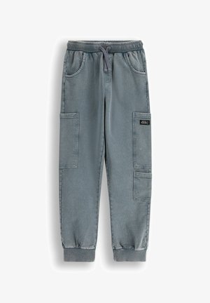 Jasnoniebieskie spodnie cargo z elastycznym paskiem i mankietami, z dwoma bocznymi kieszeniami oraz dwiema dużymi kieszeniami cargo. Wykonane z materiału przypominającego denim.
