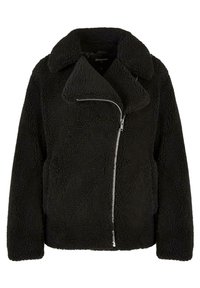 Sort jakke i imiteret pels med en struktureret overflade, udstyret med en hakket krave og diagonalt placeret sølvlynlås, designet til varme.