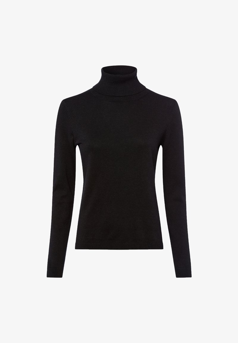 Czarny golf wykonany z miękkiej, dzianinowej tkaniny. Posiada długie rękawy i dopasowany krój. Klasyczny styl z gładką strukturą.