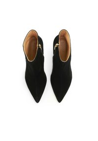 Botine negre din suede, cu vârful ascuțit, accente aurii pe fermoar și interior căptușit într-o nuanță bej, având un design elegant și o textură netedă.