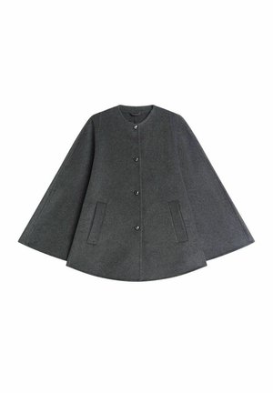 Grau-wollene Mischung Umhang mit runder Halslinie, fünf Knöpfen und zwei Fronttaschen. Verfügt über ein ausgestelltes Design und eine weiche Textur.