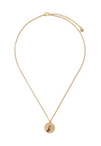 Gold chain necklace with round pendant featuring a wolf howling at a crescent moon and a small star on a white background.