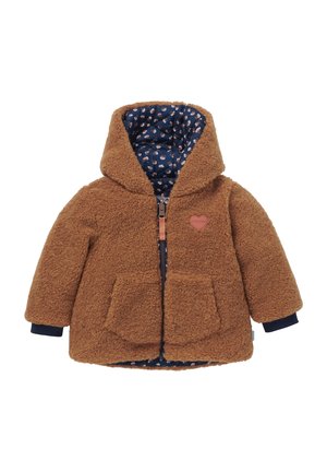 Veste à capuche marron peluche pour tout-petit avec une doublure florale bleu marine, fermeture éclair à l'avant, deux poches et un petit patch en forme de cœur sur la poitrine.