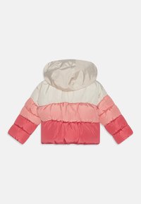 Padded jacket with a hood, featuring a color gradient from cream to pink and dark pink. Textured fabric with puffed stitching.