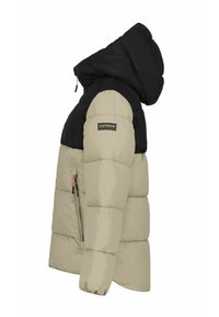 Gepolsterte Jacke mit schwarzer Kapuze und oberem Bereich, hellbeigem unterem Abschnitt, seitlichem Reißverschluss und Logodetail an der oberen Ärmelseite.
