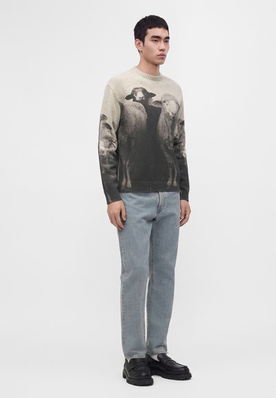 Homme portant un pull beige et noir avec des graphismes de moutons, un jean bleu clair et des chaussures noires, debout devant un fond blanc uni.