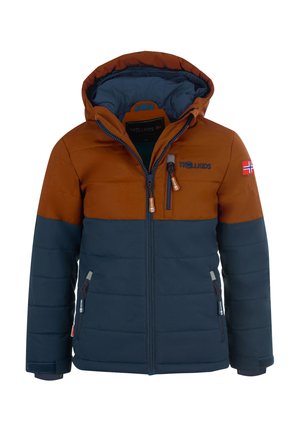 Gefütterte Kinder-Winterjacke in Rostorange und Marineblau mit Kapuze, Frontreißverschluss, Brusttasche und norwegischer Flagge am Ärmel.