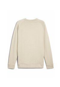 Sudadera beige con cuello redondo, mangas raglán y puños y dobladillo de canalé. Textura suave, detalles mínimos y un ajuste relajado.