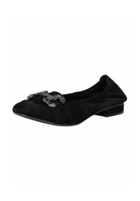 Bailarinas de ante negro con punta redondeada, embellishment metálico en la parte delantera y un tacón cuadrado bajo.