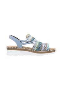Sandalo slingback blu con tomaia intrecciata multicolore, soletta imbottita e suola in gomma bianca. Presenta un accento intrecciato lungo il rivestimento medio.
