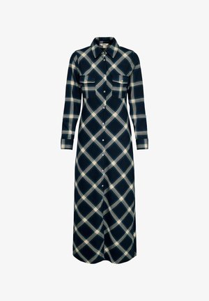 Maxi-jurk met lange mouwen en knoopsluiting, in een donkerblauw, wit en grijs groot geruit patroon, met twee borstzakken met klep.