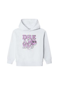 Biela mikina s kapucňou s predným grafickým motívom, na ktorom je text "DREAM BIG" v ružovej a fialovej farbe s dizajnom usmievajúcej sa tváre. Nastaviteľná kapucňa, rebrované manžety.