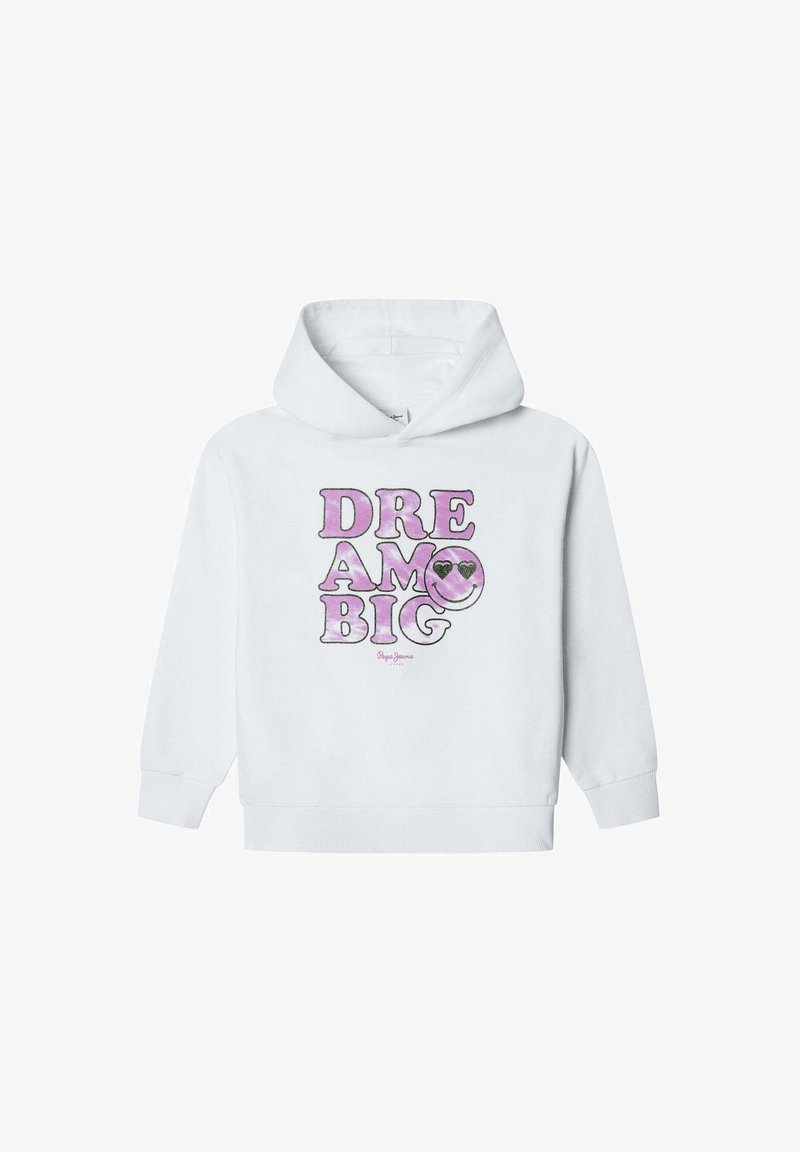 Sudadera blanca con un gráfico frontal que incluye el texto "SUEÑA EN GRANDE" en rosa y púrpura junto con un diseño de cara sonriente. Capucha ajustable, puños acanalados.