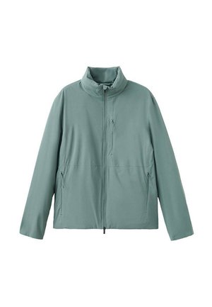 Svjetlozeleno jakna na patent zatvarač s uspravnim ovratnikom i tri džepa na patent, prikazana na bijeloj pozadini.