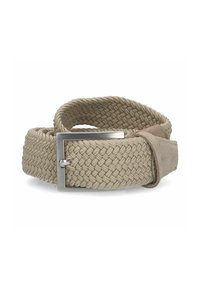 Geweven beige riem van stof met een zachte textuur, voorzien van een zilveren metalen gesp. Accenten zijn een suède leren lus.